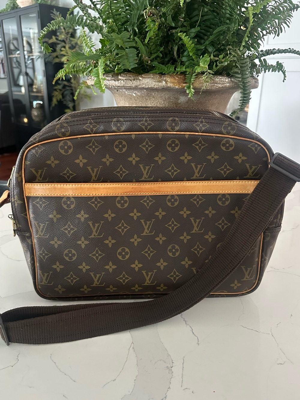 Authentic Louis Vuitton Brown Monogram Crossbody Bag with Tan Leather Trim